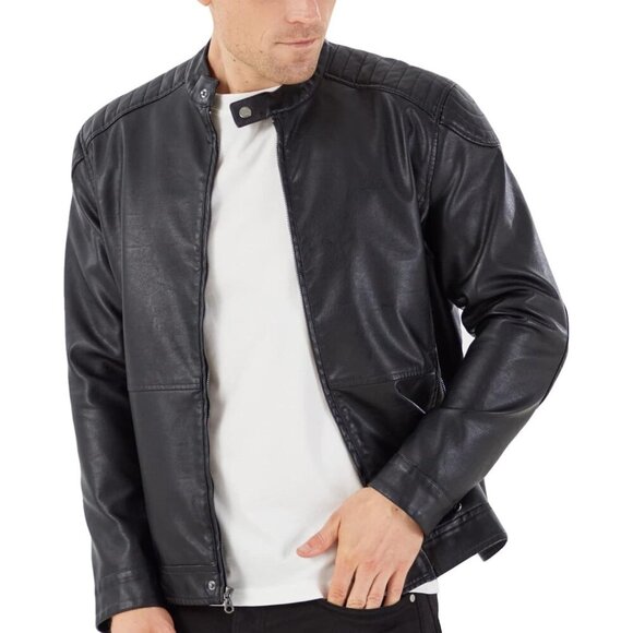 🆕 Men Black Stand Collar Leather Jacket Motorcycle Lightweight Faux Outwear - Picture 3 of 7